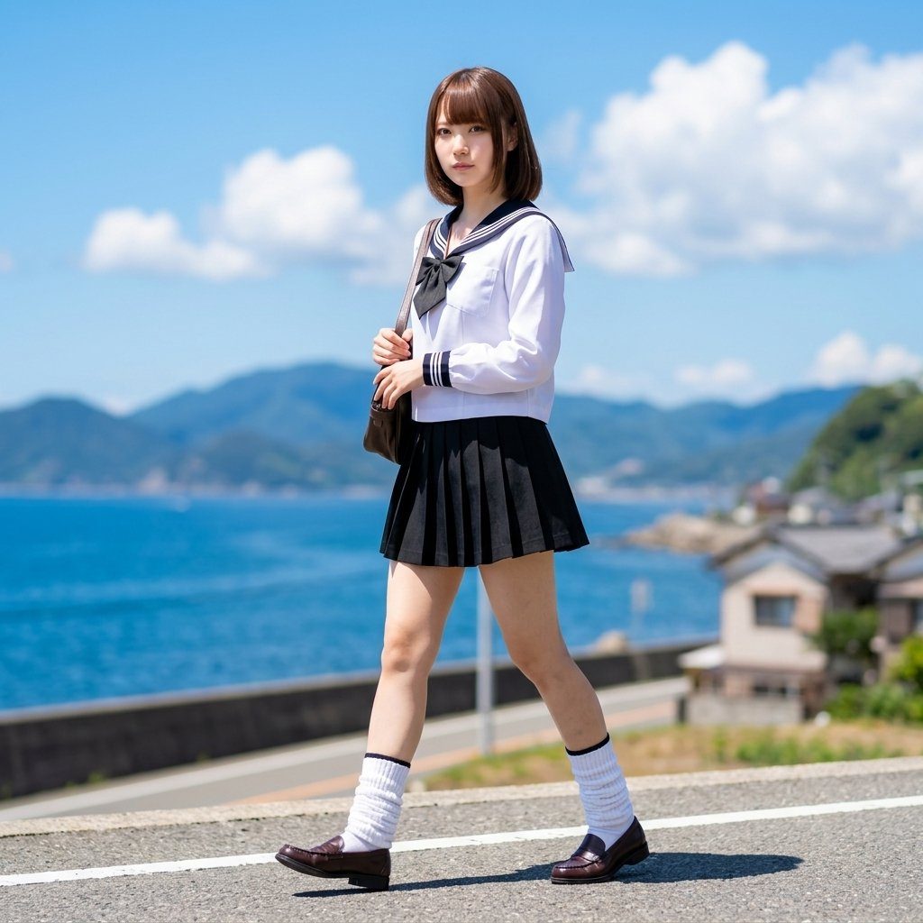 A young woman in a Japanese school uniform walks along a coastal road on a sunny day.
