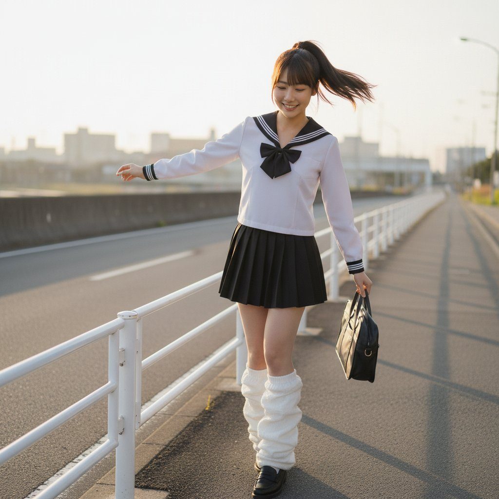 A young Japanese woman in a sailor-style school uniform with a black pleated skirt and white leg warmers walks down a street with a handbag.