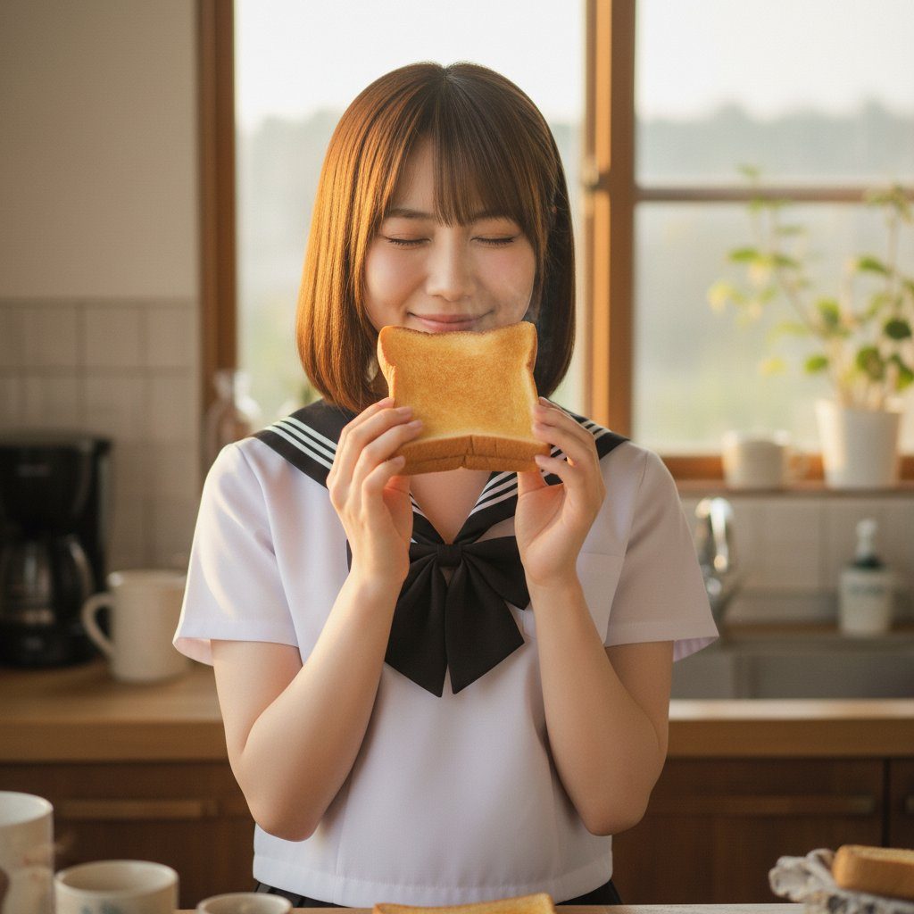 A young woman in a school uniform holds a slice of toast to her face with a smile.