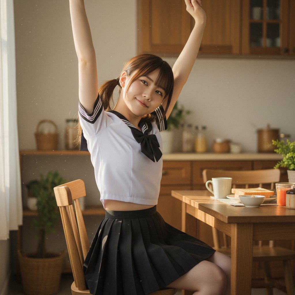 A young woman in a Japanese school uniform with her arms raised, smiling.