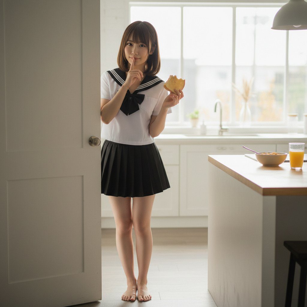 A young Japanese woman in a school uniform holds a piece of toast and gestures for silence, standing in a bright kitchen.