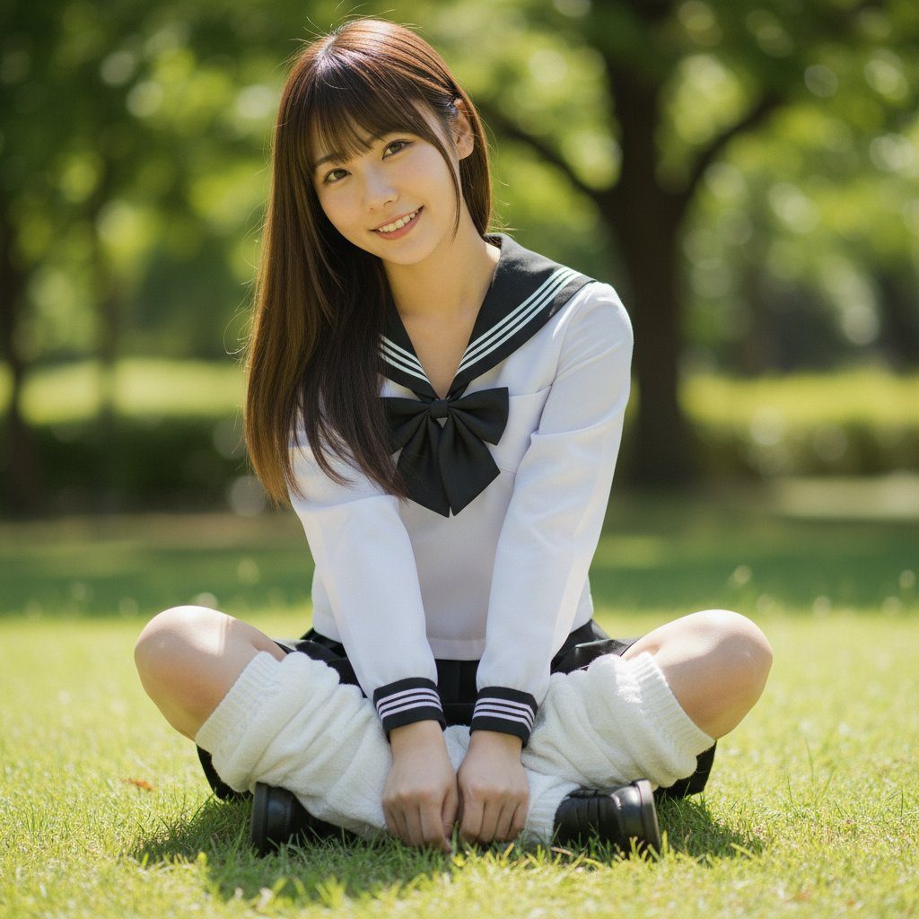 A young woman in a Japanese school uniform sits cross-legged on the grass in a park, smiling at the camera.