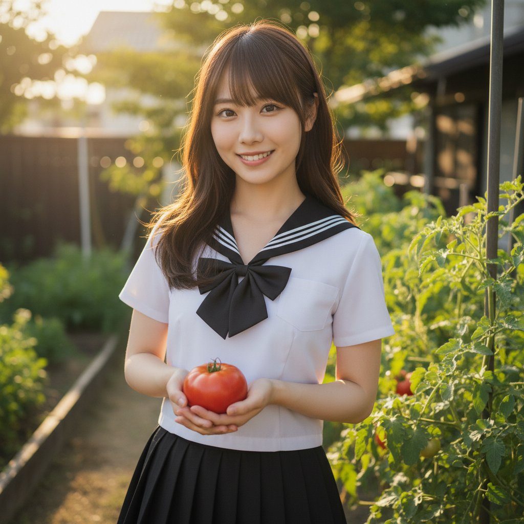 A young woman in a Japanese school uniform holds a tomato in a garden during golden hour.