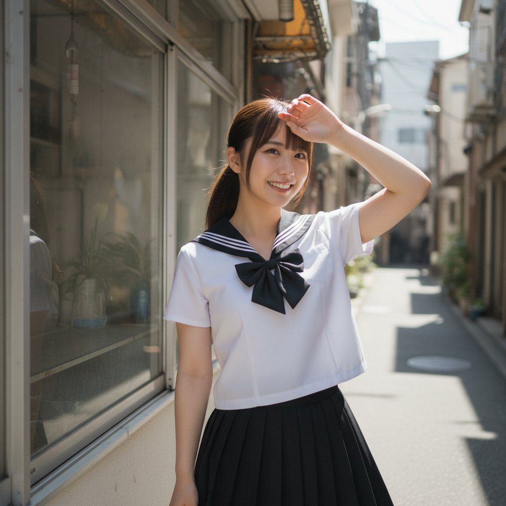 A smiling young woman in a Japanese school uniform stands on a narrow street, shielding her eyes from the sun.