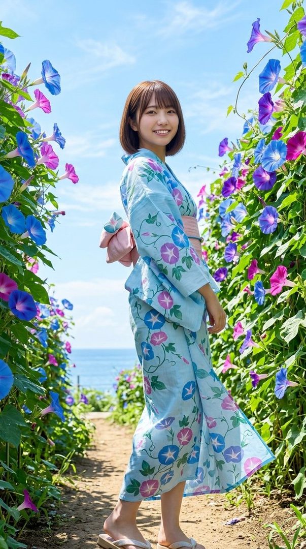 A young Japanese woman in a light blue yukata with floral patterns smiles while standing outdoors among morning glory flowers.