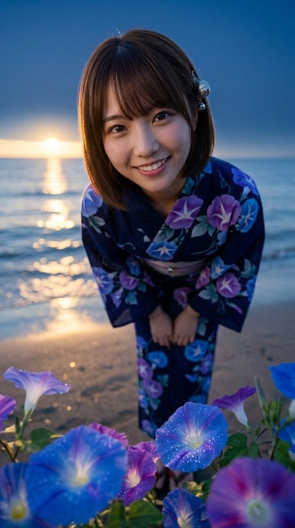 A young Japanese woman in a blue yukata with purple and blue flowers smiles at the camera on a beach at sunset, with morning glory flowers in the foreground.
