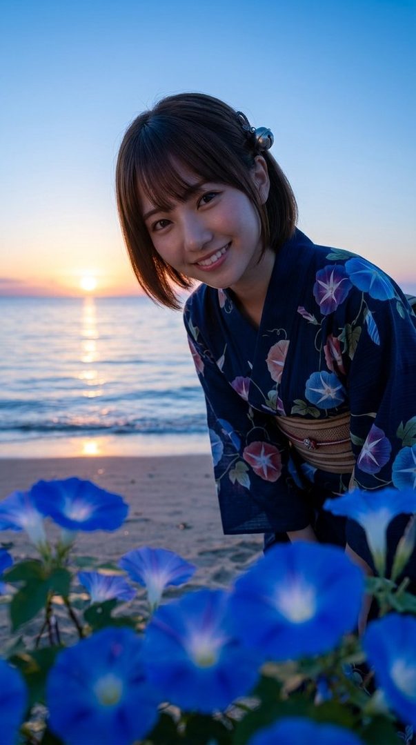 A young woman in a dark blue yukata with floral patterns smiles at the camera on a beach at sunset, with blue morning glory flowers in the foreground.