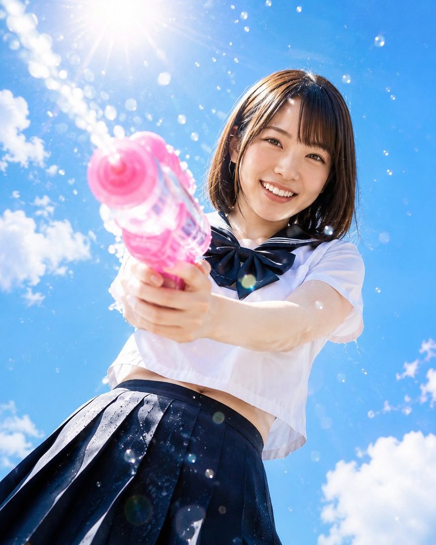 A young Japanese woman in a school uniform smiles as she holds a pink water gun, spraying water into the bright blue sky.