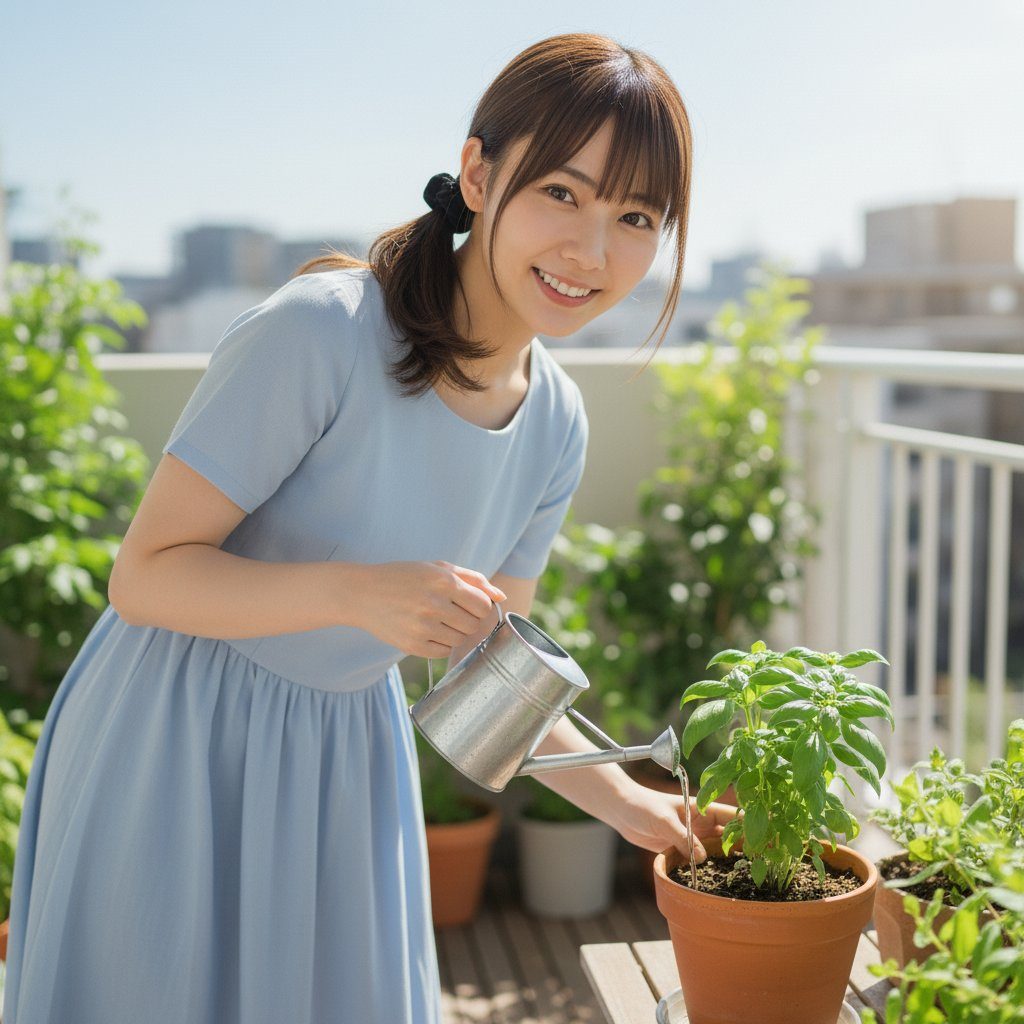 A young Japanese woman with brown hair tied in a ponytail smiles as she waters plants on a sunny balcony.
