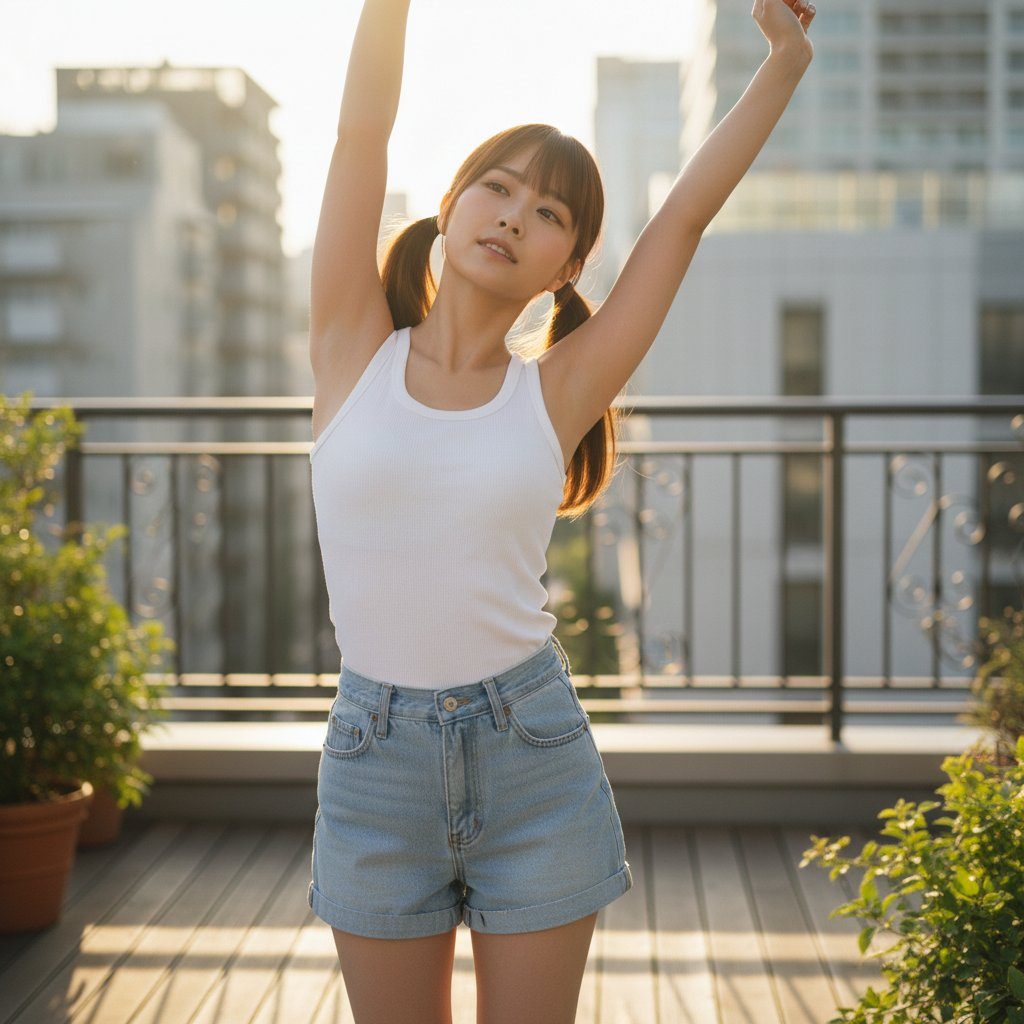 A young woman with brown hair in pigtails, wearing a white tank top and denim shorts, stretches her arms up on a rooftop.