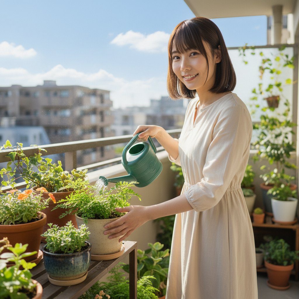 A young East Asian woman with short black hair, wearing a light-colored dress, waters plants on a balcony on a sunny day.