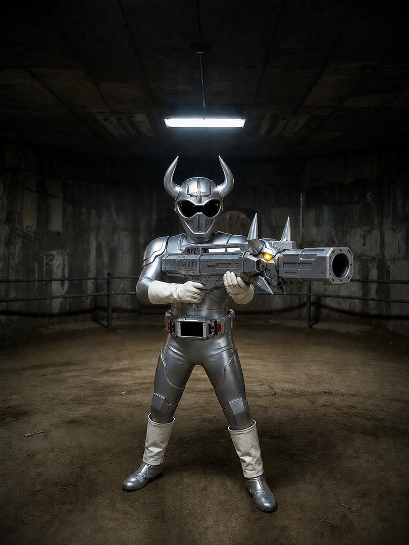 A person in a silver superhero costume with a bull helmet and a large futuristic gun stands in a dark, industrial-looking room.