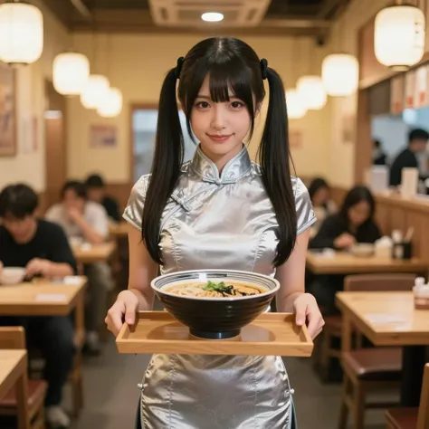 A young woman with black hair in twintails, wearing a silver cheongsam-style dress, holds a bowl of ramen on a tray in a restaurant.