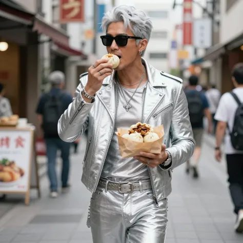 A man with silver hair and sunglasses, wearing a silver jacket and pants, eats a steamed bun on a city street.