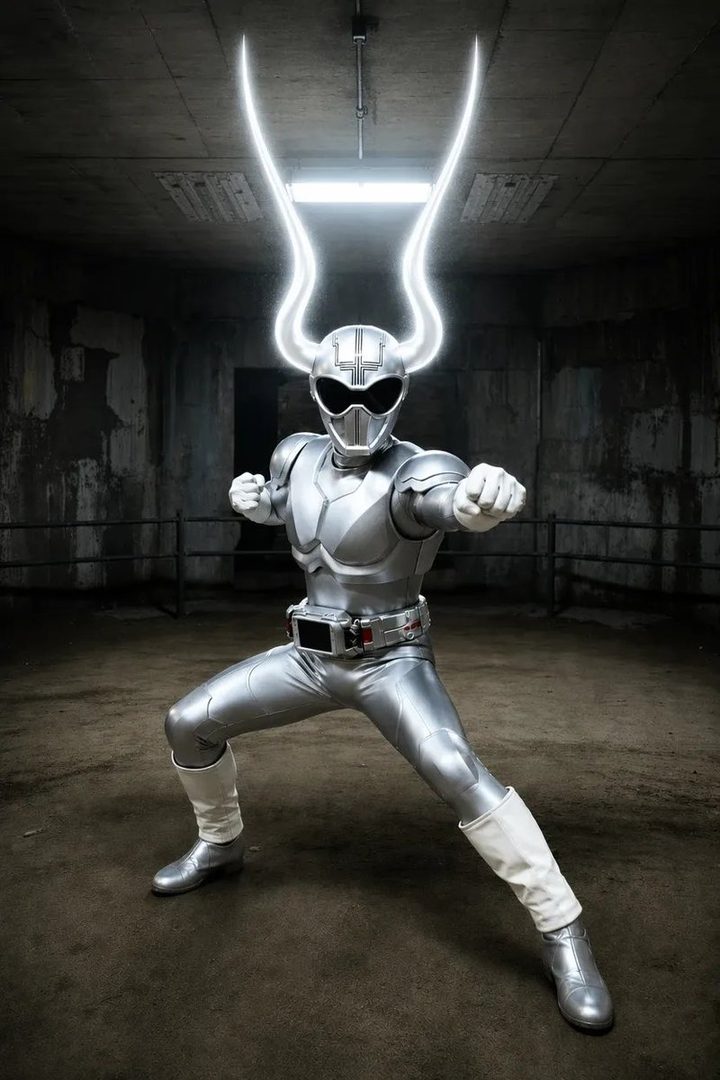 A person in a silver superhero costume with glowing horns, striking a fighting pose in a dark, industrial-looking room.