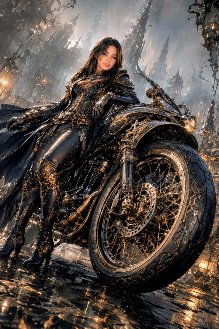 A woman in ornate black and gold armor sits on a motorcycle in a dark, gothic city.