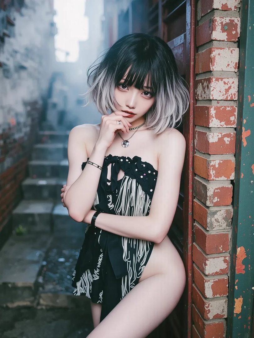 A young woman with short black and white ombre hair and bangs, wearing a strapless black dress, poses suggestively in an alleyway.