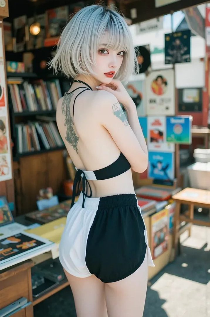 A young woman with short, white hair and a tattoo on her back, wearing a black and white bikini top and shorts, posing outdoors.