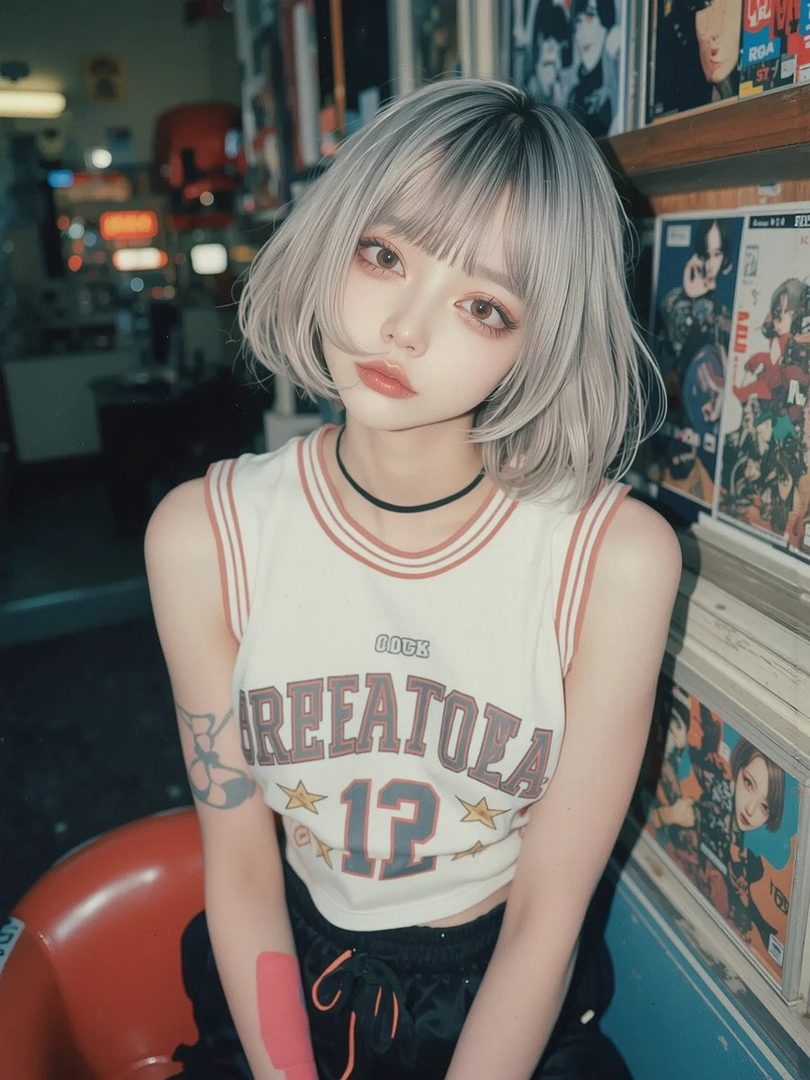 A young woman with short, silver hair and striking makeup poses in a casual outfit, with a background of shelves filled with magazines or records.