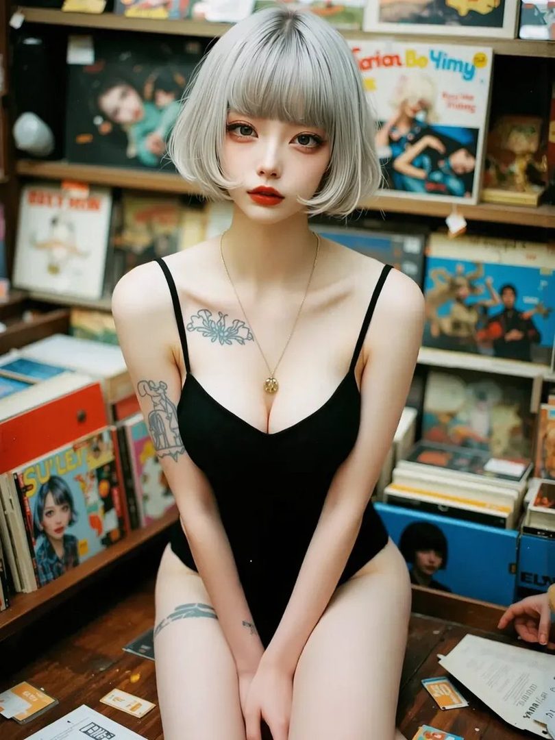 A young woman with short silver hair and bangs, wearing a black one-piece swimsuit, poses in front of shelves filled with vintage magazines and records.