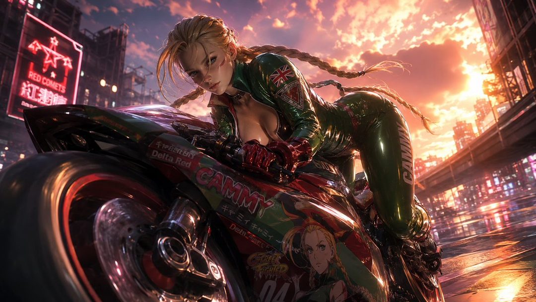 A blonde woman with braided hair, wearing a green outfit, poses on a motorcycle in a cyberpunk city at night.