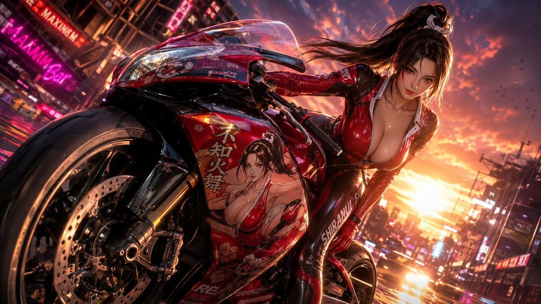 A photorealistic AI-generated portrait of a woman with long black hair in a ponytail, wearing a red racing suit, posing on a motorcycle in a cyberpunk city at night.