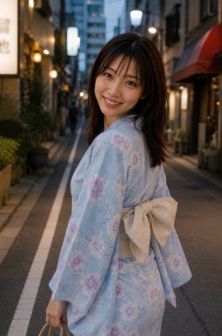 A young Japanese woman in a light blue floral yukata smiles over her shoulder on a city street at dusk.