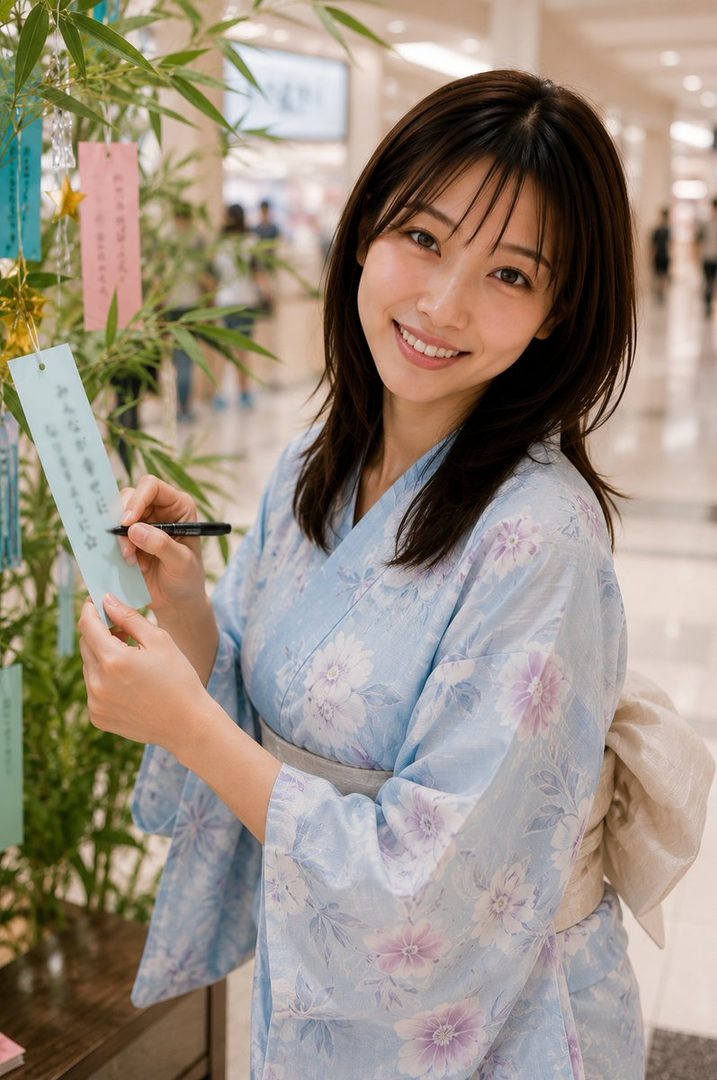 A young Japanese woman in a light blue floral yukata smiles as she writes a wish on a tanzaku strip to hang on a bamboo branch for Tanabata.