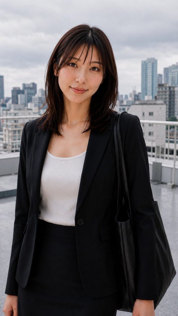 A professional East Asian woman in a black suit and white top stands on a rooftop with a city skyline in the background.