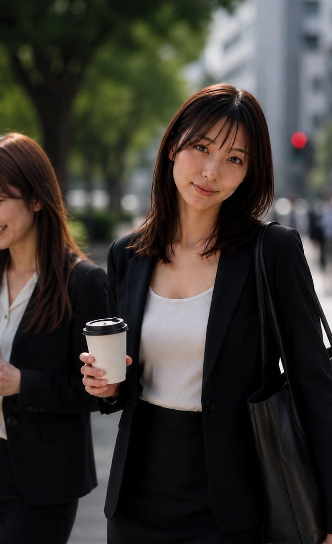 Two young East Asian women in business attire walking on a city street, one holding a coffee cup.