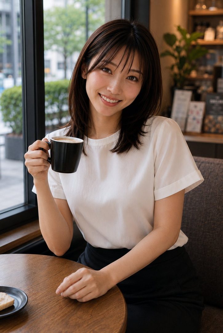 A smiling East Asian woman with dark hair holds a black mug of coffee while sitting at a wooden table in a cafe.