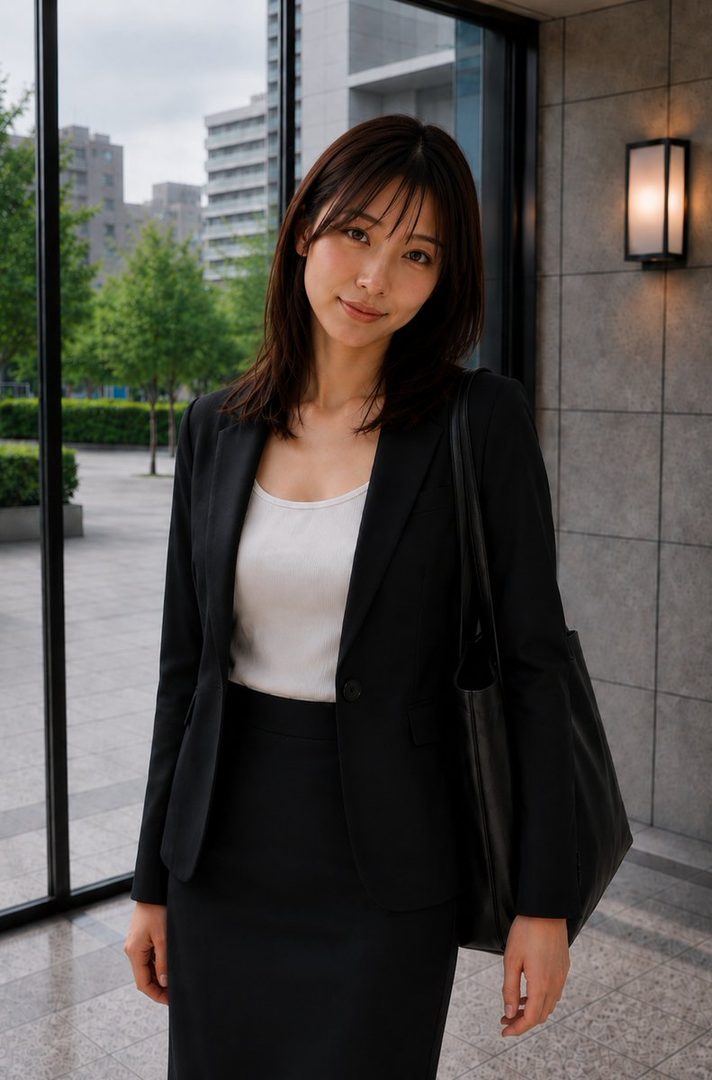 A young East Asian woman in a black business suit and white top, holding a black tote bag, smiles gently outdoors.
