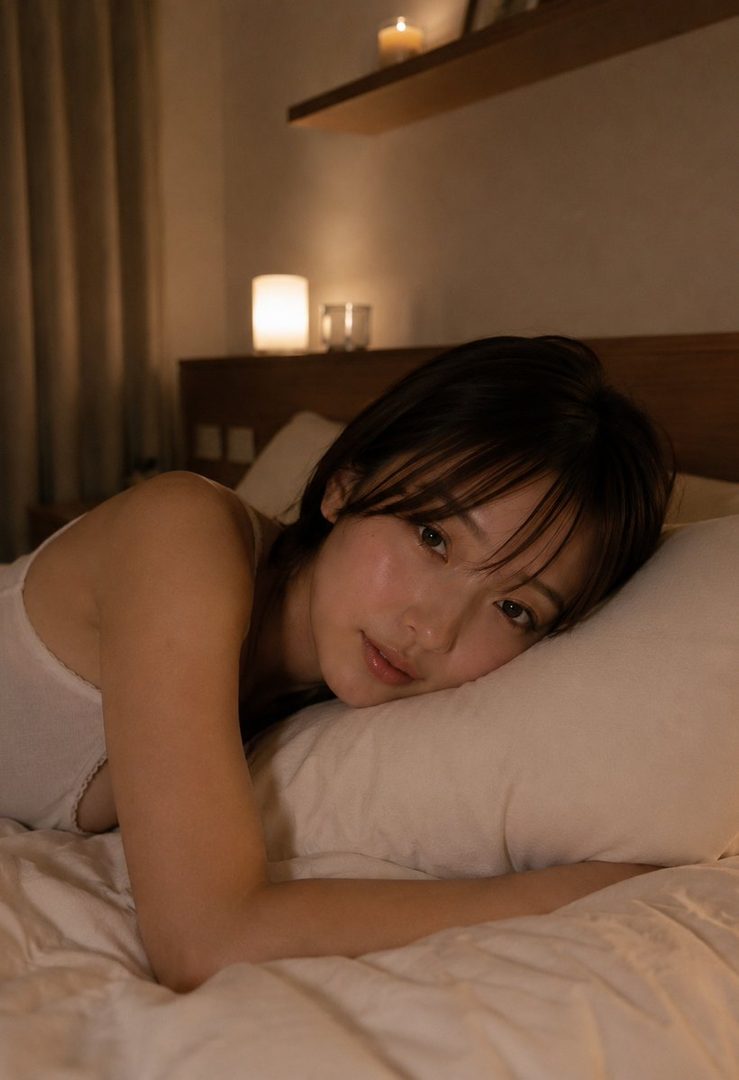 A young woman with dark hair lies on a pillow in bed, looking at the camera with a gentle expression.