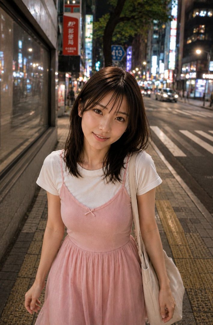 A young woman in a pink dress and white t-shirt smiles at the camera on a city street at night, with blurred lights in the background.