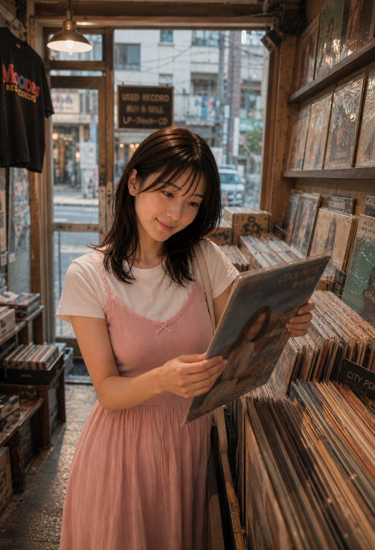 A young Japanese woman with shoulder-length dark hair, wearing a pink slip dress over a white t-shirt, smiles as she browses records in a vintage record store.