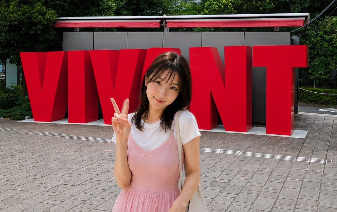 A young East Asian woman with long dark hair smiles and makes a peace sign in front of large red VIVANT letters outdoors.