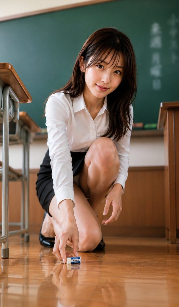 A young woman in a white shirt and black skirt kneels on a wooden floor in a classroom, reaching for an eraser.