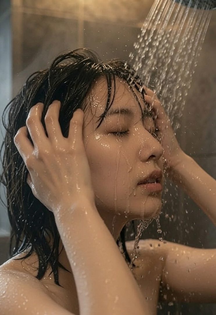 A young woman with wet black hair closes her eyes as she showers, water droplets on her face and skin.