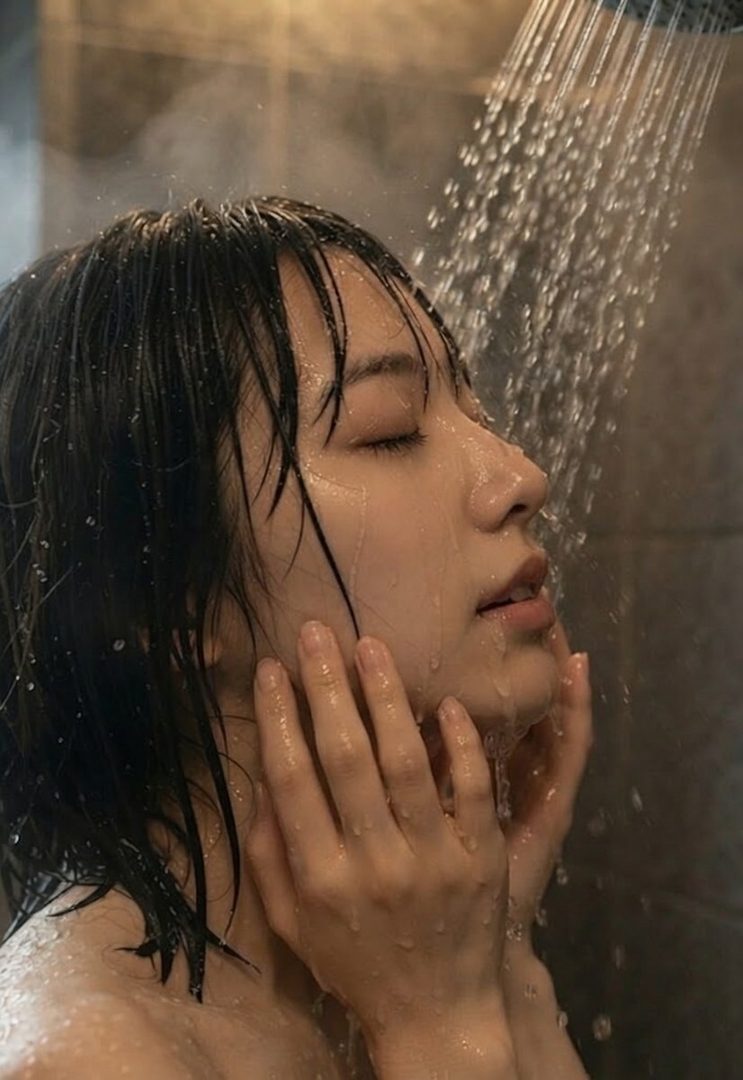 A young woman with wet black hair closes her eyes as water streams down her face and body in a shower.