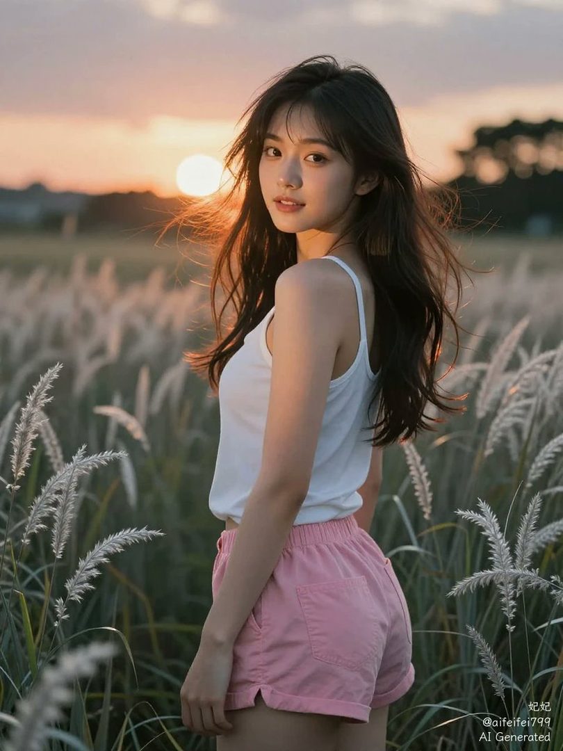 A young East Asian woman with long dark hair stands in a field of tall grass at sunset, wearing a white tank top and pink shorts, looking over her shoulder.
