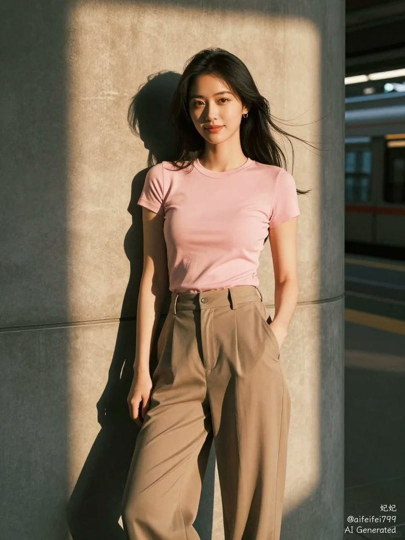 A young East Asian woman with long black hair stands outdoors, leaning against a textured wall, bathed in warm sunlight.