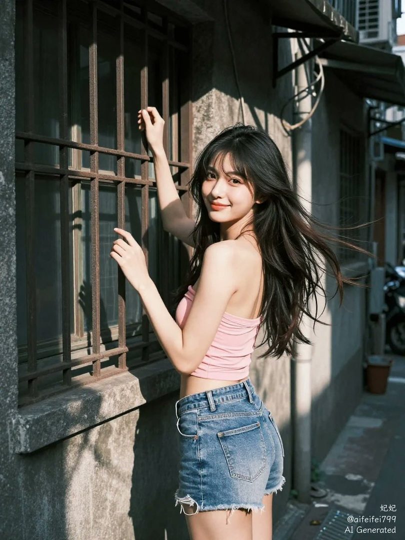 A young woman with long black hair smiles at the camera, leaning against a window with metal bars. She is wearing a pink tube top and denim shorts.