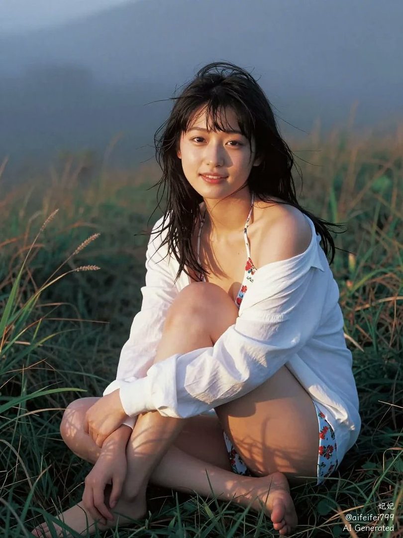 A young woman with long, dark hair sits in the grass, wearing a white shirt and a floral bikini, looking at the camera with a gentle smile.