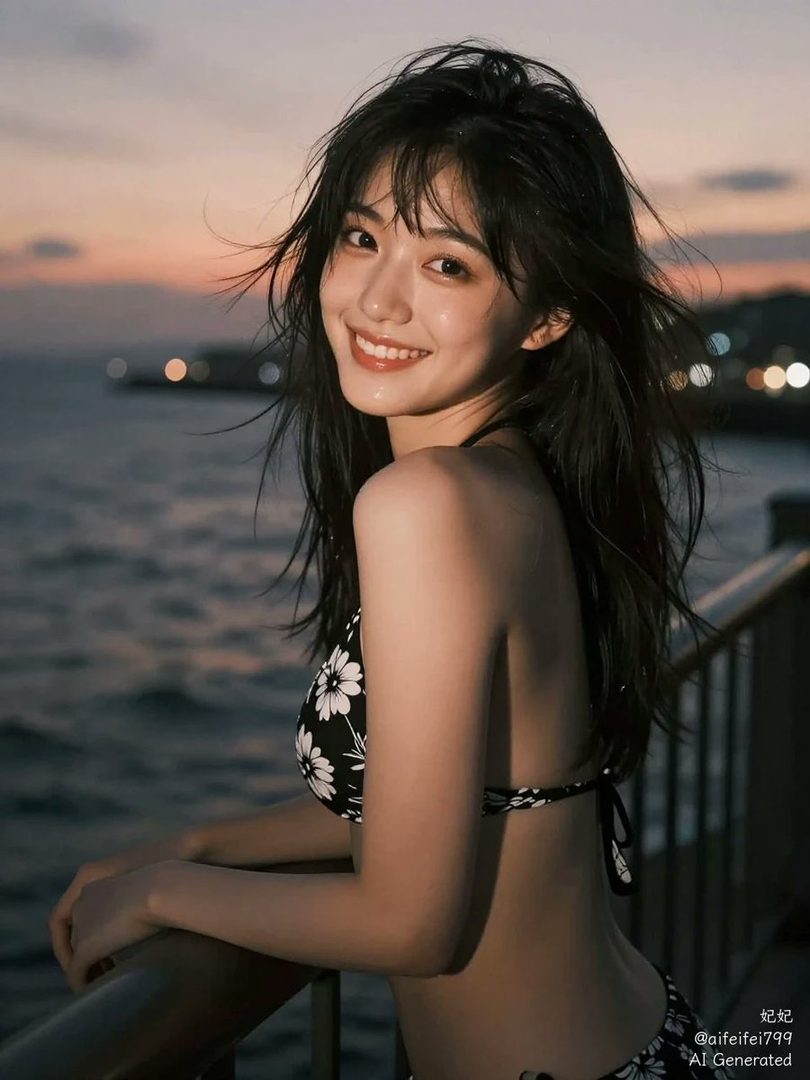 A young woman in a floral bikini smiles at the camera by the sea during sunset.