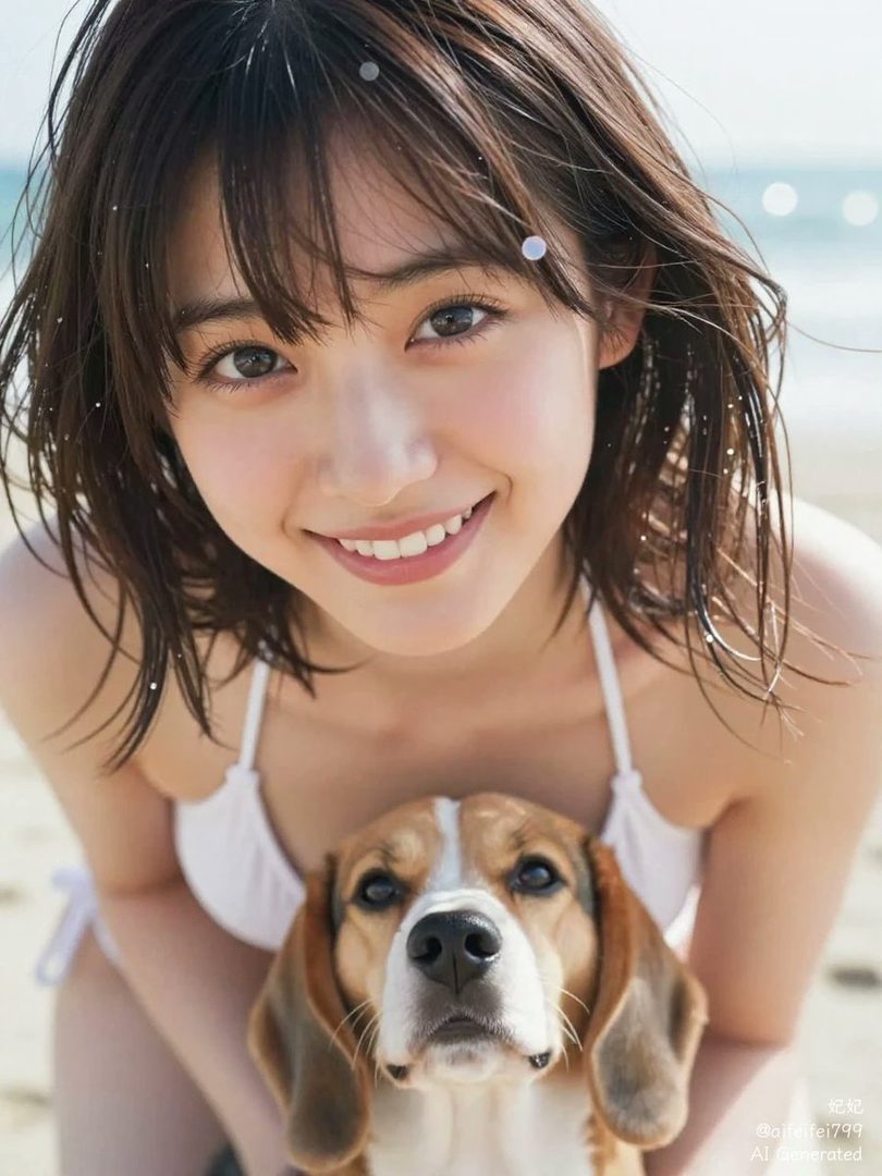 A young Japanese woman in a white bikini smiles at the camera, holding a beagle dog on a beach.
