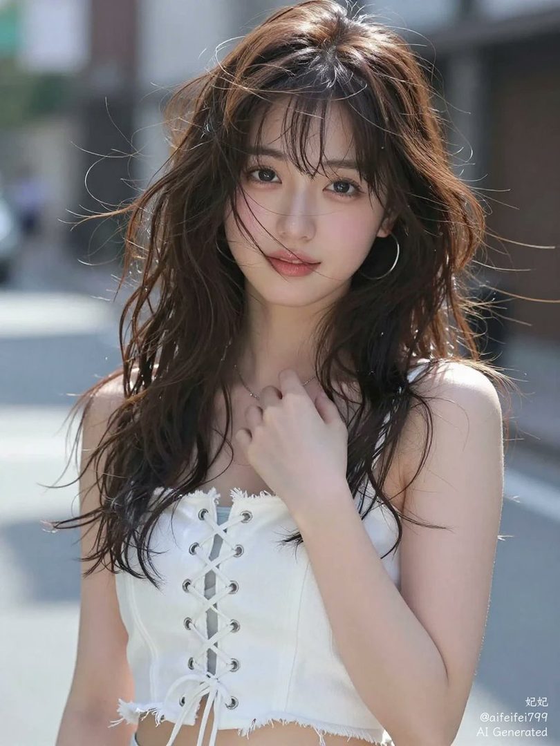 A beautiful young East Asian woman with long, wavy brown hair and bangs, wearing a white lace-up corset top, posing outdoors with a soft smile.