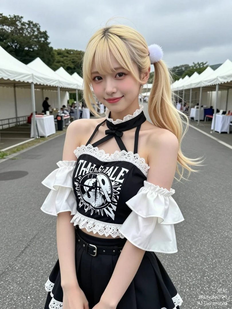 A young woman with blonde hair in pigtails, wearing a black and white outfit, poses outdoors.