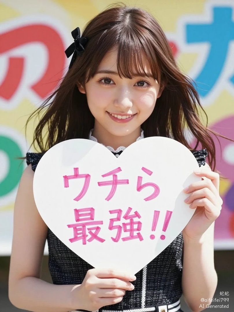 A young East Asian woman with long brown hair and bangs, wearing a black and white patterned top, smiles brightly while holding a white heart-shaped sign with Japanese text.
