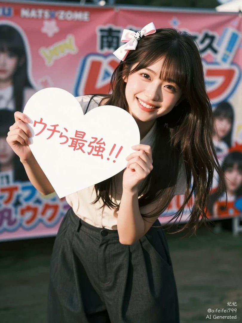 A young East Asian woman with long brown hair and bangs, wearing a light-colored shirt and dark pants, smiles brightly while holding a white heart-shaped sign with Japanese text. She has a pink bow in her hair. The background features a pink banner with Japanese text and images of other women.