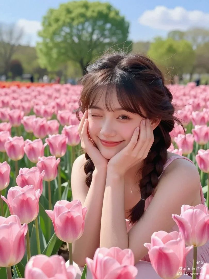 A young woman with braided brown hair winks playfully while surrounded by pink tulips in a sunny field.
